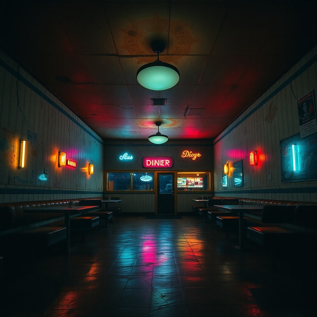 AI generated art for prompt: A surreal landscape unveils an abandoned mid-century diner, captured from an unsettling perspective 