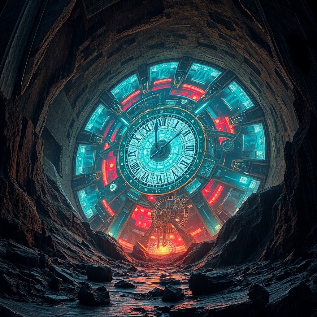 AI generated art for prompt: In a surreal landscape where Earth's core has been unearthed, revealing an enormous, pulsating clock