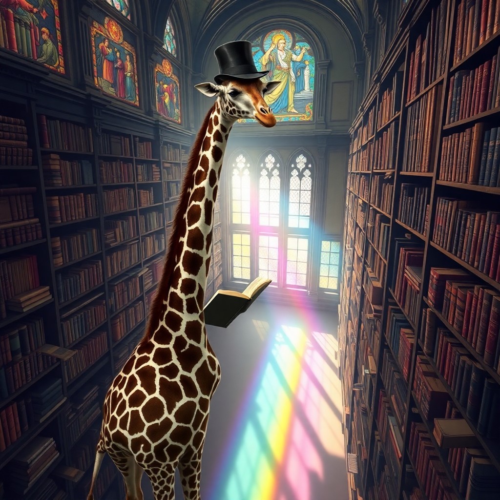 AI generated art for prompt: A dreamlike portrait in the surrealistic art style, depicting an elegant giraffe wearing a top hat a