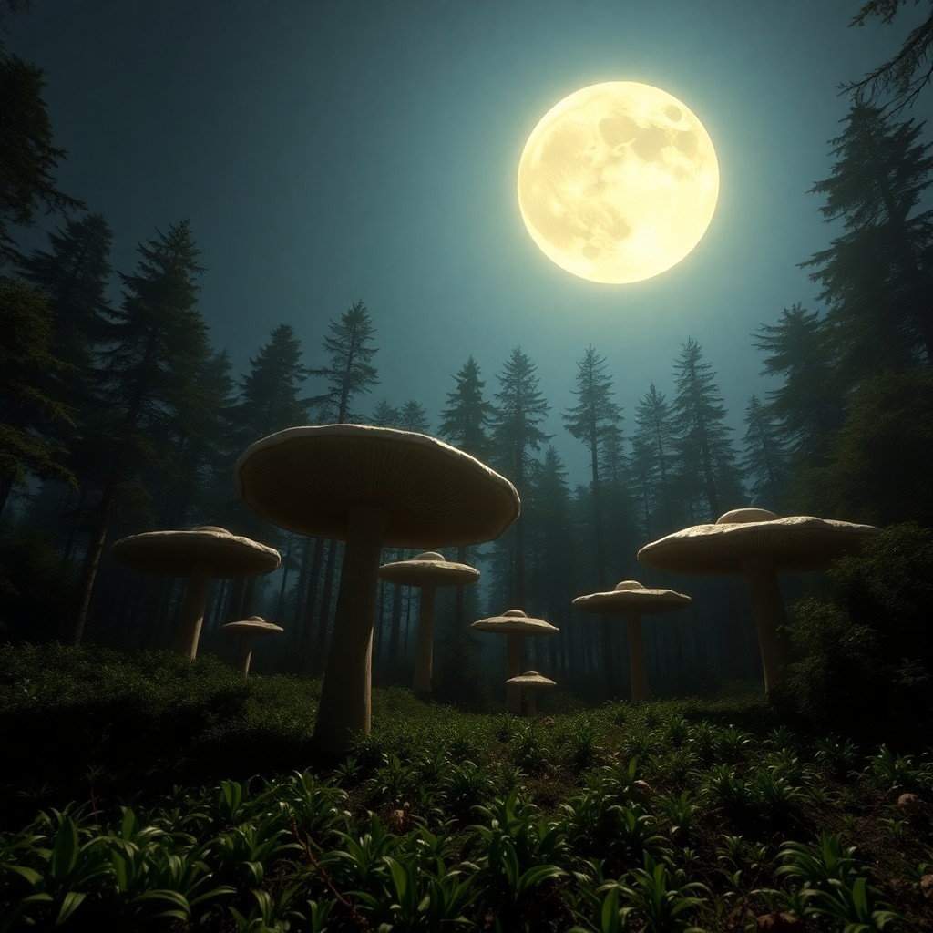 AI generated art for prompt: Imagine an enchanting nocturnal forest scene, reminiscent of surrealist masterpieces, where towering