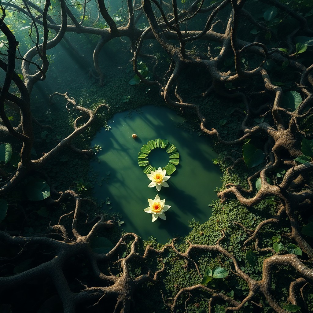 AI generated art for prompt: A surreal, dreamlike image depicts an overgrown garden with an eye-shaped water lily pond at its hea