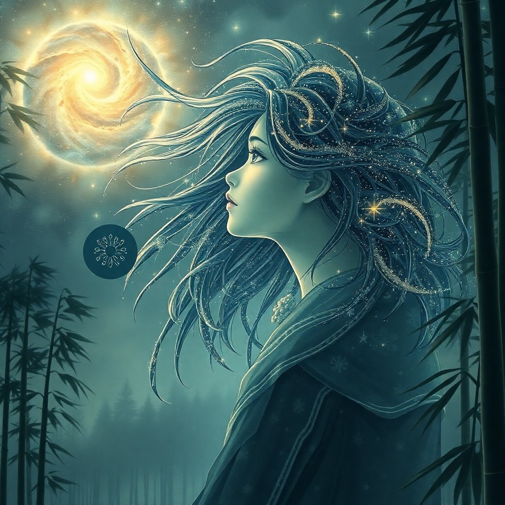 AI generated art for prompt: A captivating digital art portrait depicts an enigmatic celestial figure with flowing stardust hair,