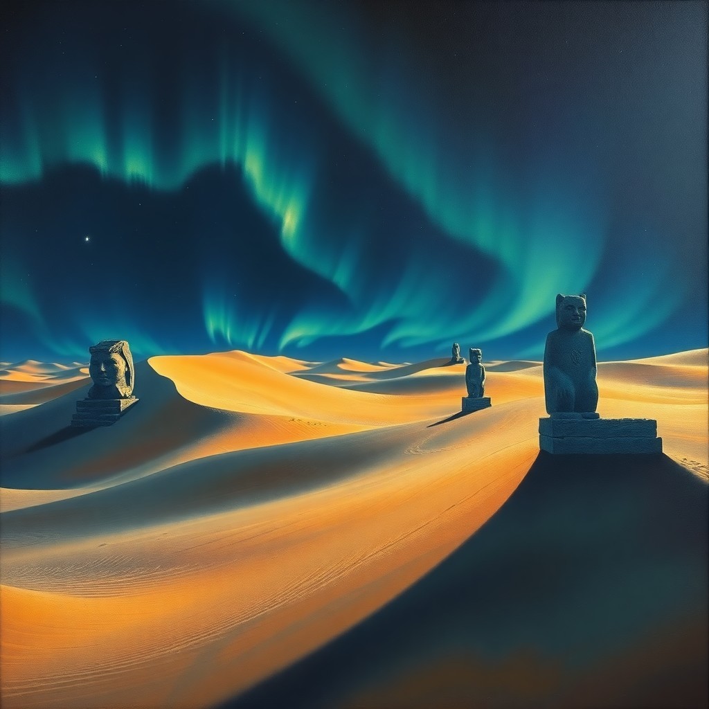 AI generated art for prompt: Envision a surreal oil painting that captures the essence of a nocturnal desert landscape, where tow