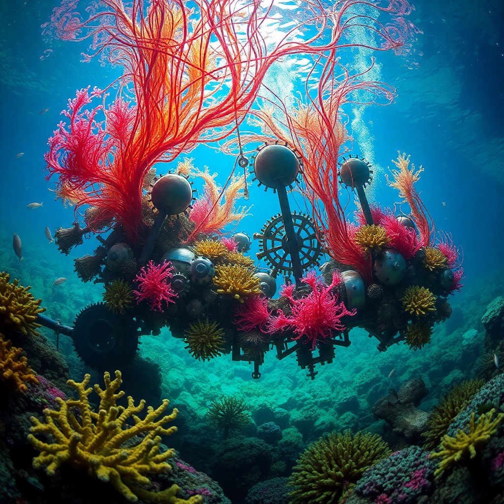 AI generated art for prompt: An awe-inspiring underwater scene unveils an intricate balance between technology and nature from an