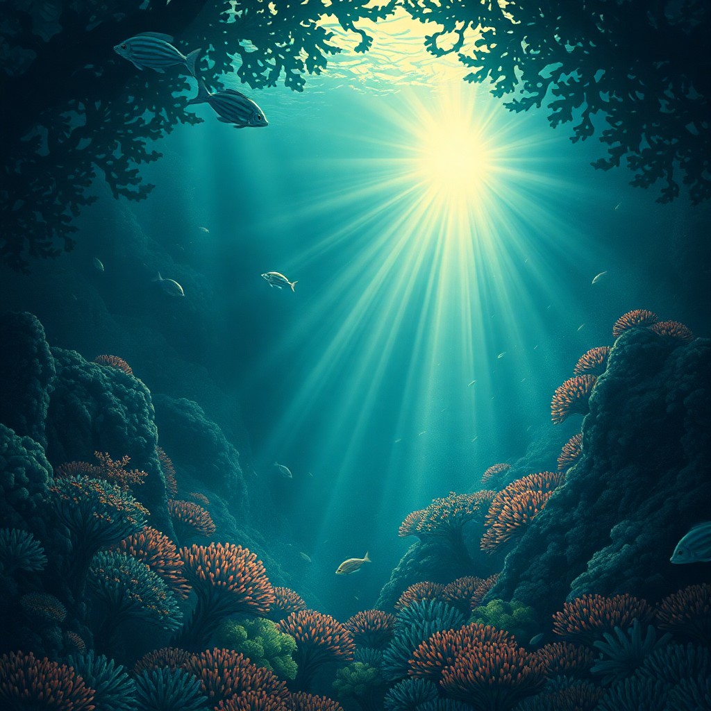 AI generated art for prompt: A captivating digital art piece depicts an enigmatic underwater realm, reminiscent of traditional Ja