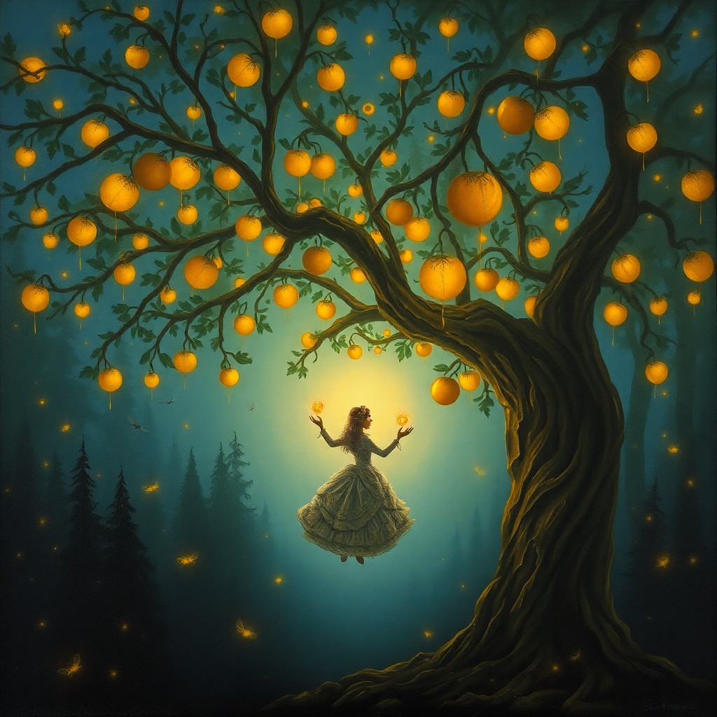 AI generated art for prompt: A captivating oil painting captures a whimsical forest at twilight where ethereal fireflies dance ar