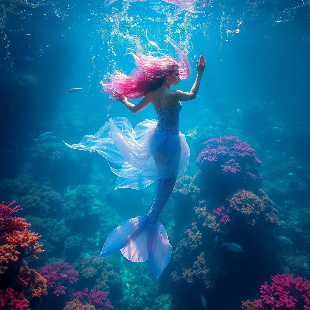 AI generated art for prompt: A mesmerizing underwater scene captures the enchanting essence of an ethereal dream, illustrating a 