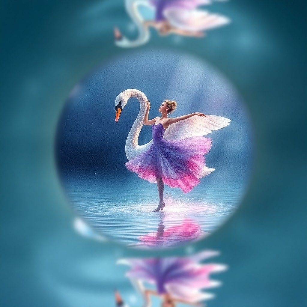 AI generated art for prompt: Envision a whimsical digital art portrait showcasing a surreal blend between a majestic swan and an 