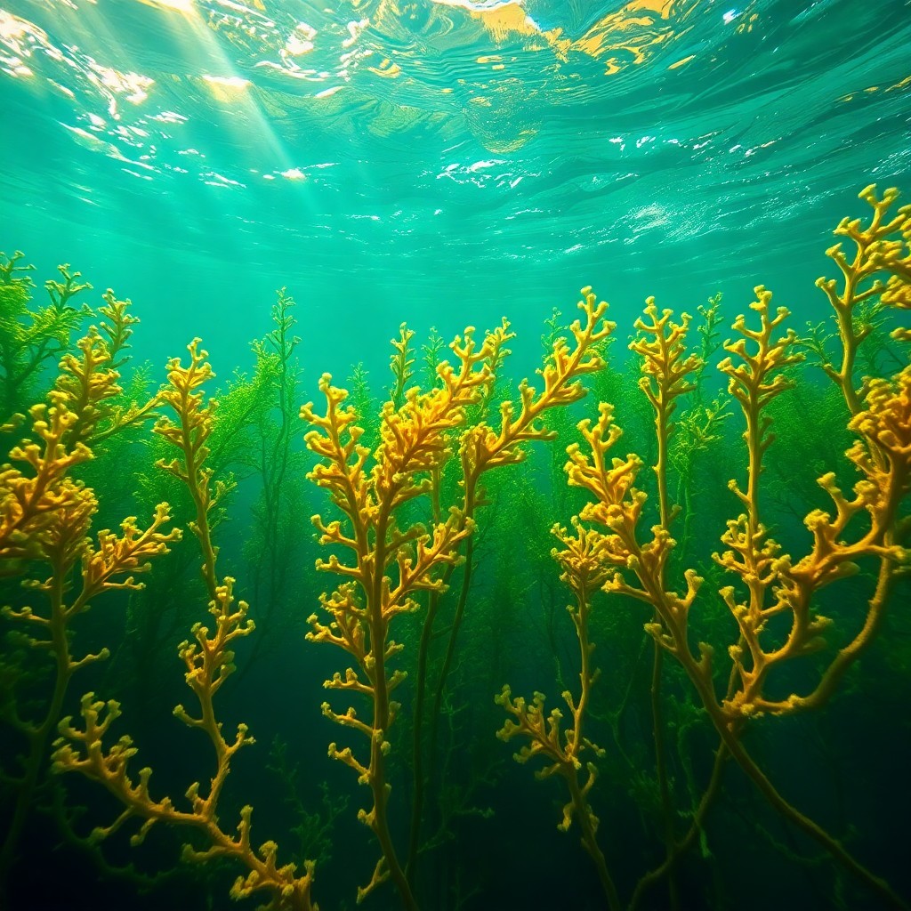 AI generated art for prompt: A serene underwater kelp forest scene, reminiscent of a classic marine painting, is depicted in phot