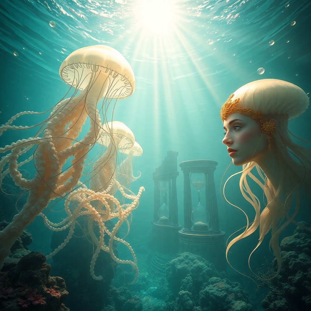 AI generated art for prompt: Envision an ethereal underwater realm, where surrealism intertwines with sci-fi aesthetics to create