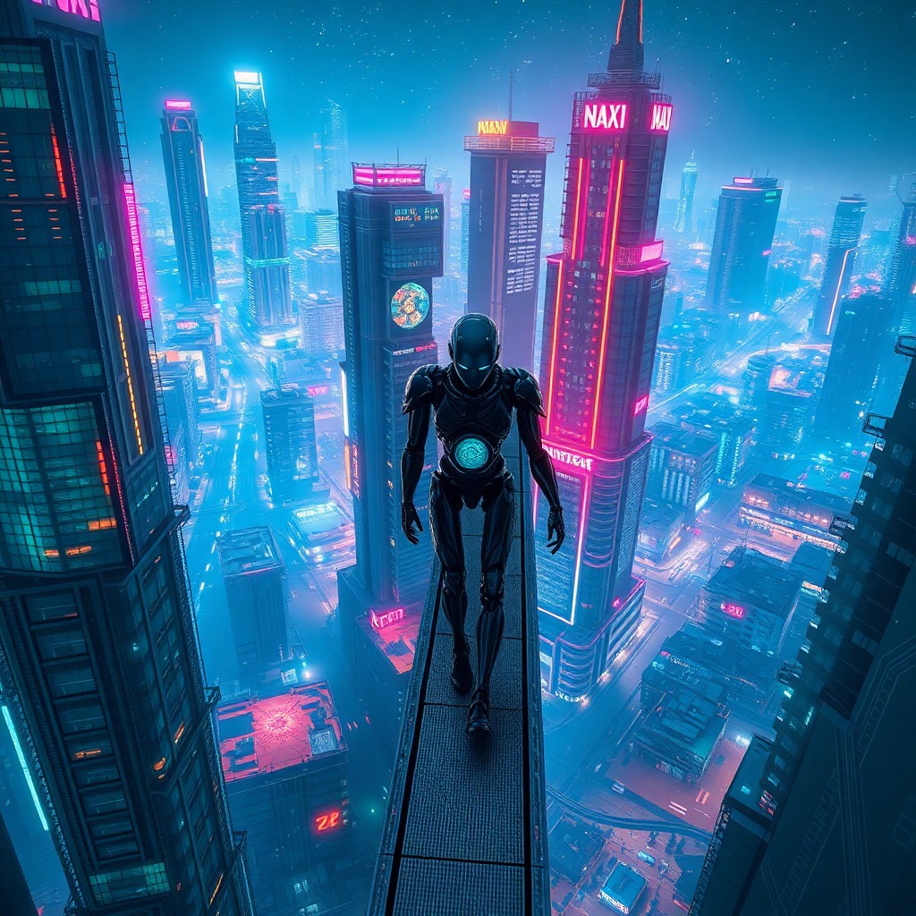 AI generated art for prompt: Imagine a futuristic cyberpunk cityscape captured from an aerial drone's viewpoint, showcasing both 