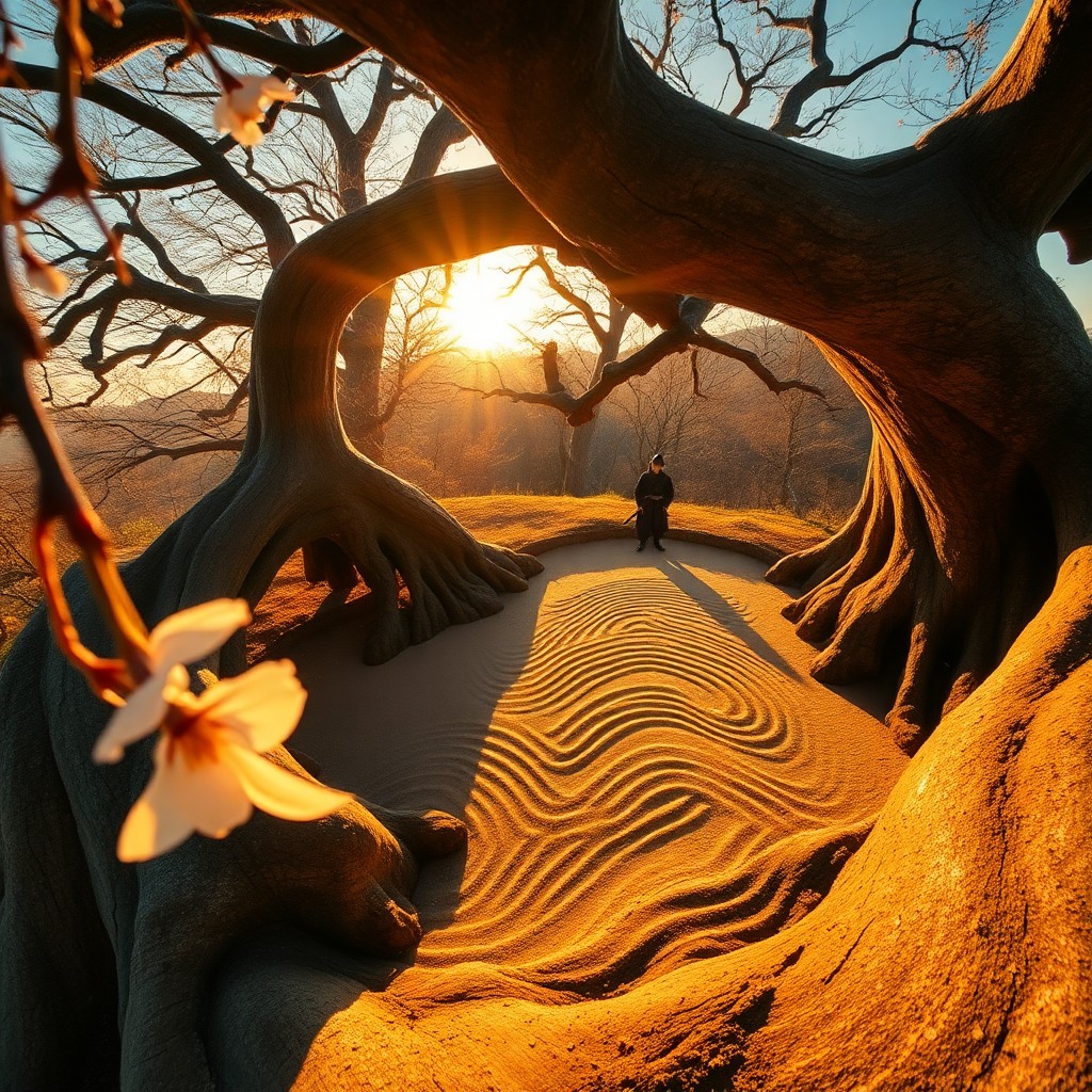 AI generated art for prompt: Imagine an enchanting Zen garden, nestled within an ancient tree trunk, captured from a unique aeria