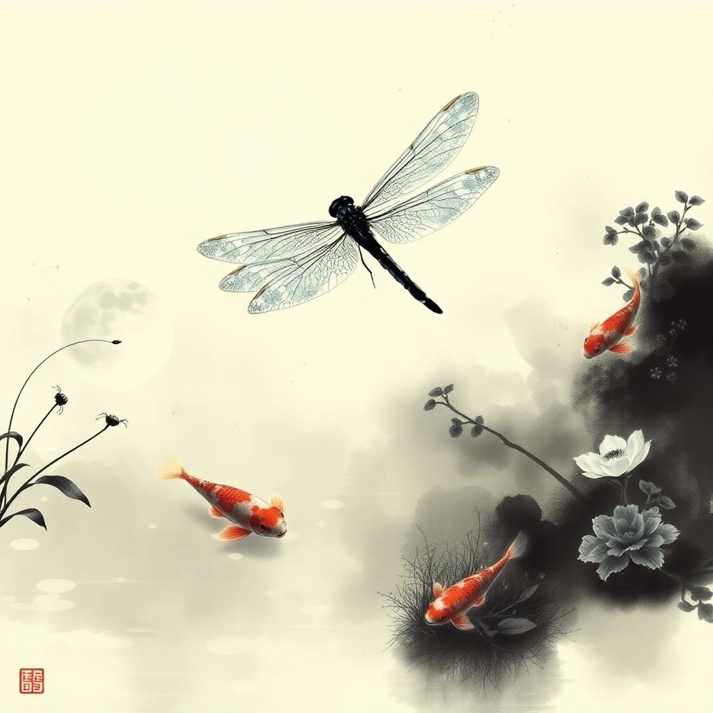 AI generated art for prompt: Visualize an alluring moonlit garden scene in the captivating style of traditional Chinese ink wash 