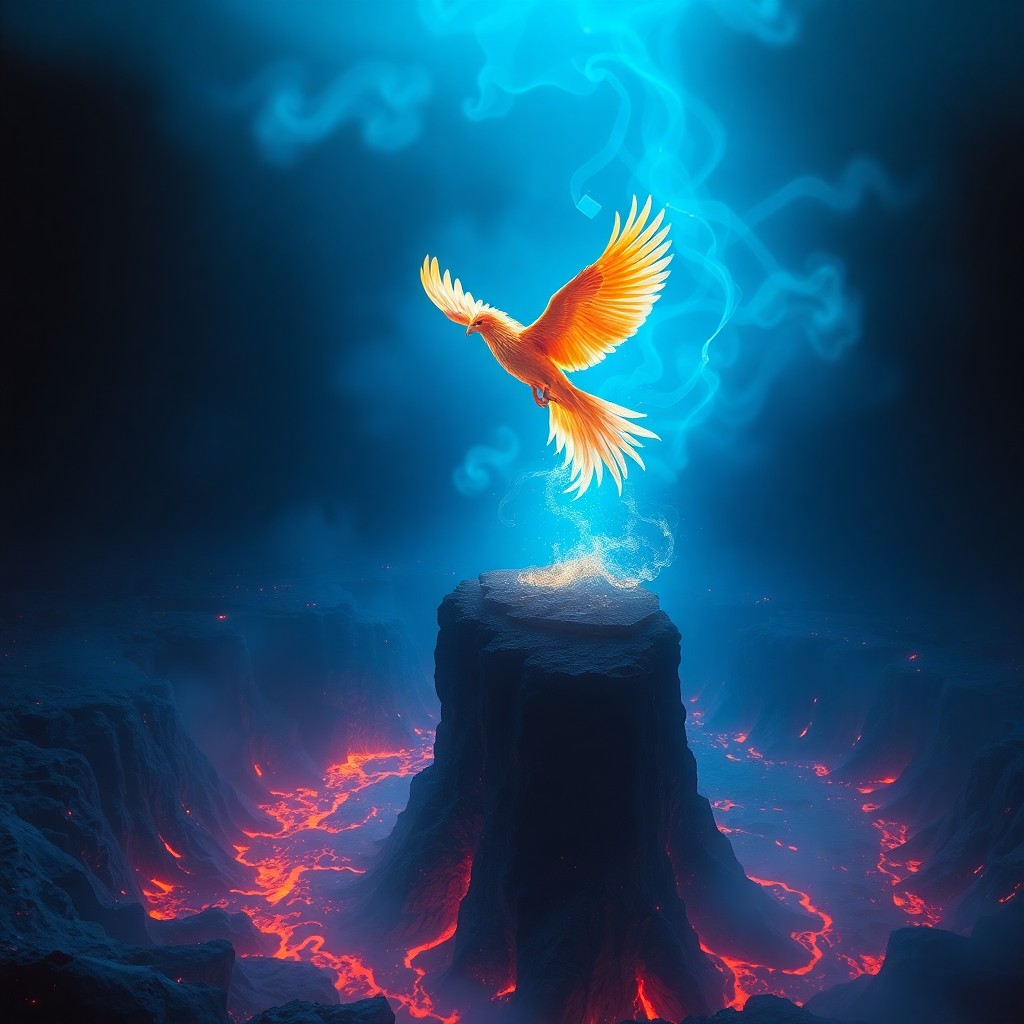 AI generated art for prompt: Craft an image reminiscent of surreal dreamscapes, portraying a mythical phoenix taking flight from 