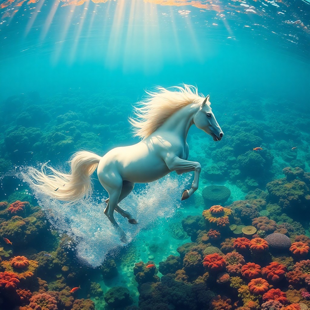 AI generated art for prompt: Create an image showcasing a surreal underwater world where a resplendent white horse elegantly trav