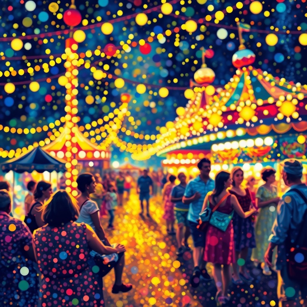 AI generated art for prompt: Craft an impressionistic scene in pointillist style, portraying a lively carnival night from a uniqu