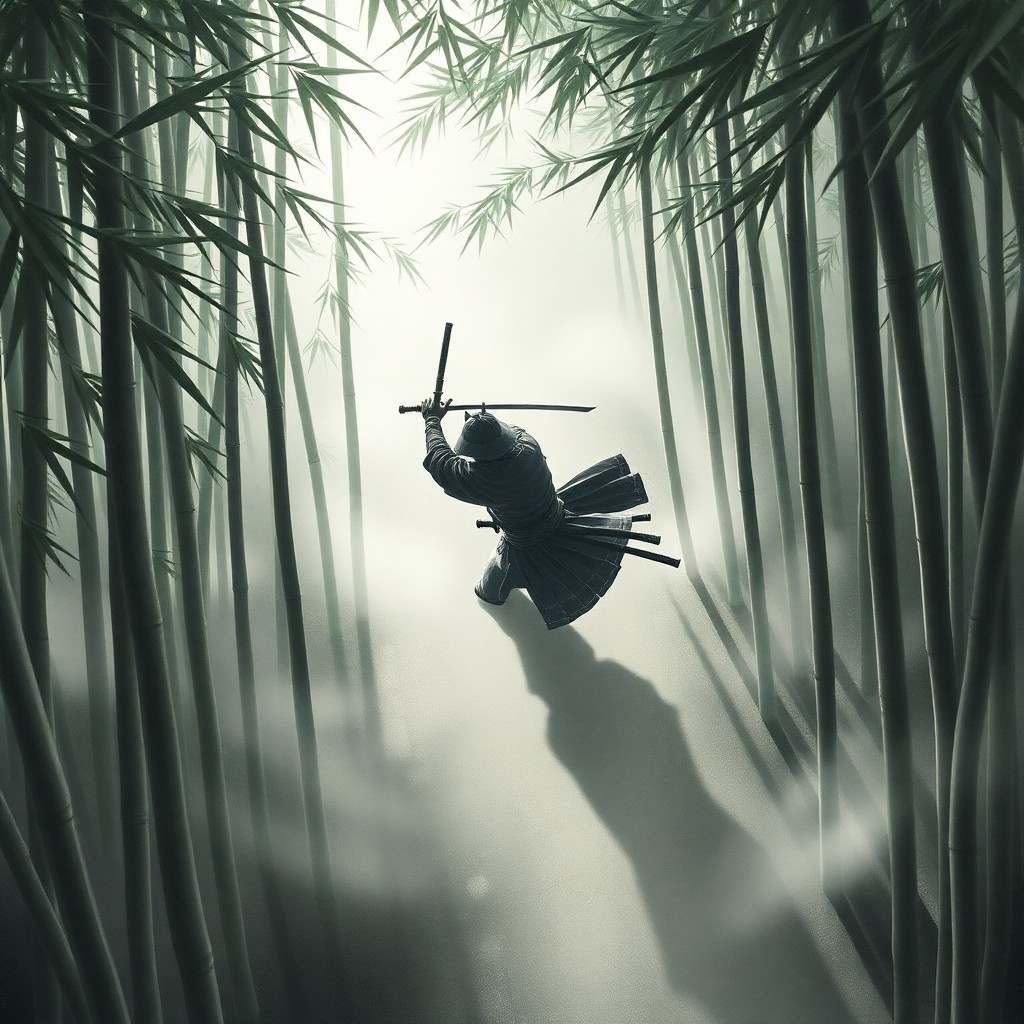 AI generated art for prompt: Imagine an ethereal morning in an ancient bamboo forest, as captured through the lens of traditional