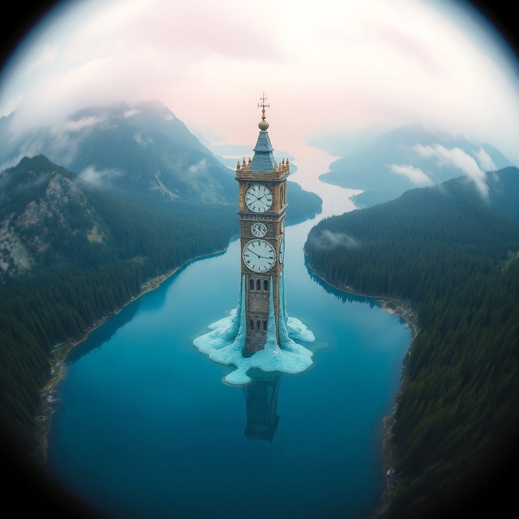 AI generated art for prompt: Craft an image reminiscent of surrealist visions, featuring a tower adorned with melting timepieces 