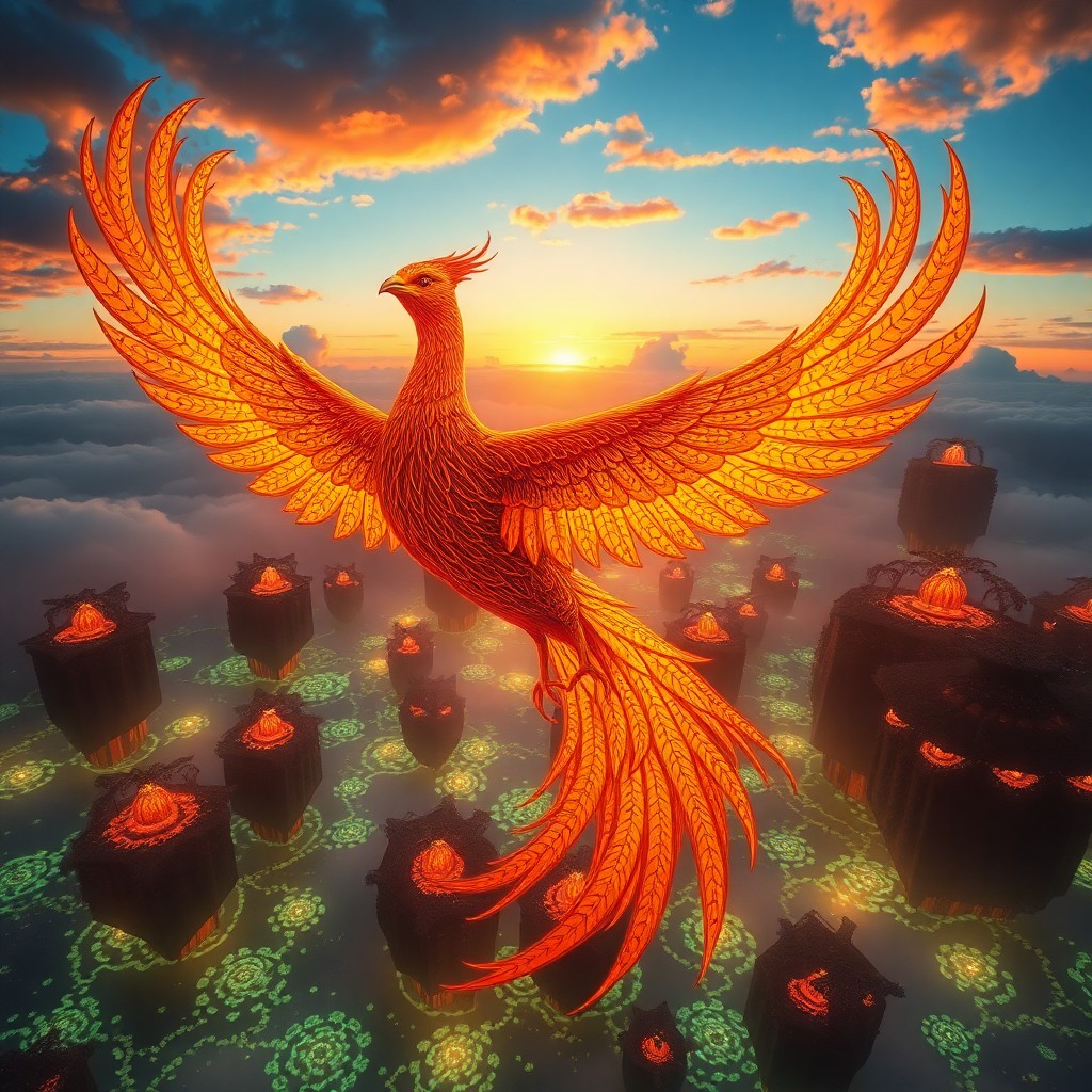 AI generated art for prompt: Imagine an enchanting scene where a majestic phoenix, its feathers gleaming like molten gold and ado