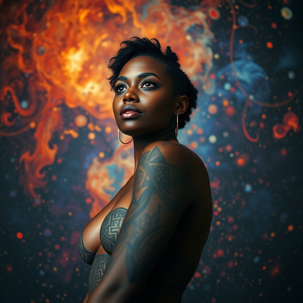 AI generated art for prompt: A portrait of a woman with intricate geometric tattoos seamlessly blending into her dark skin, stand