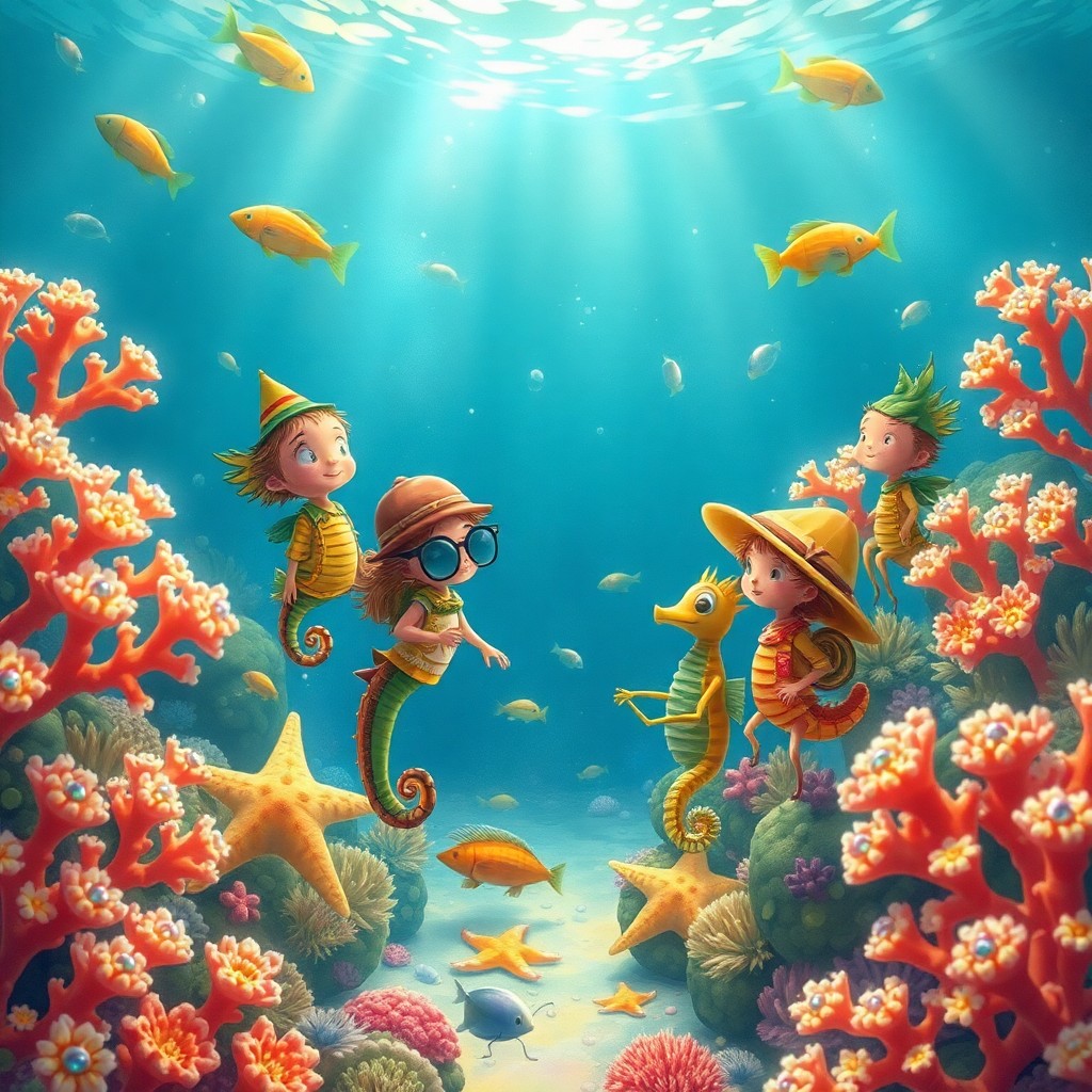 AI generated art for prompt: Imagine an enchanting underwater scene depicted in the charming style of vintage children's book ill