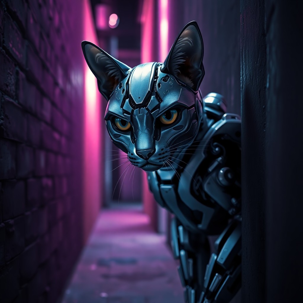 AI generated art for prompt: A determined robotic feline is depicted in this digital artwork, partially concealed within the diml