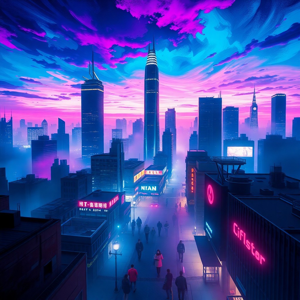 AI generated art for prompt: Craft an image showcasing a futuristic cityscape at night, with skyscrapers piercing through a dynam