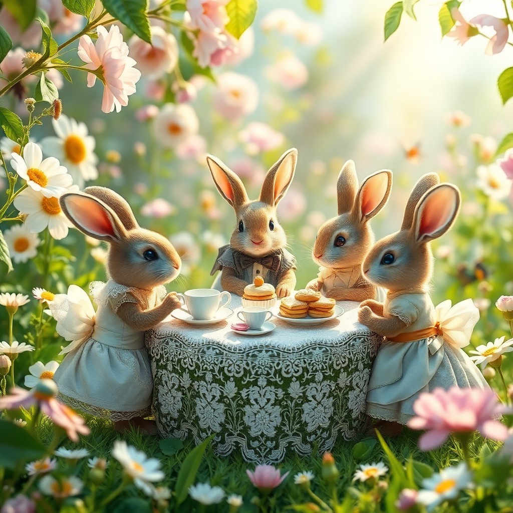 AI generated art for prompt: Craft an enchanting image depicting a whimsical tea party in the style of classic fairy tale illustr