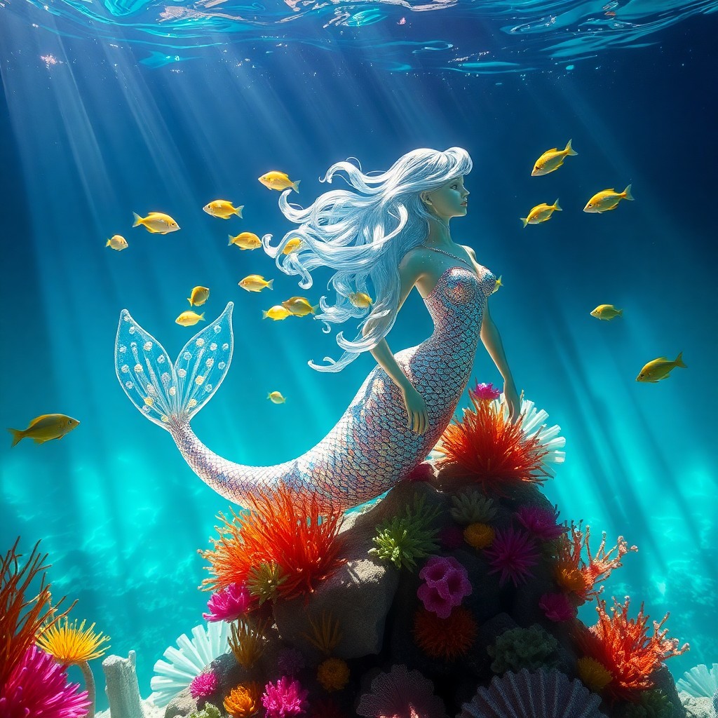 AI generated art for prompt: Create an underwater scene in the captivating style of glass sculpture art, showcasing a serene envi