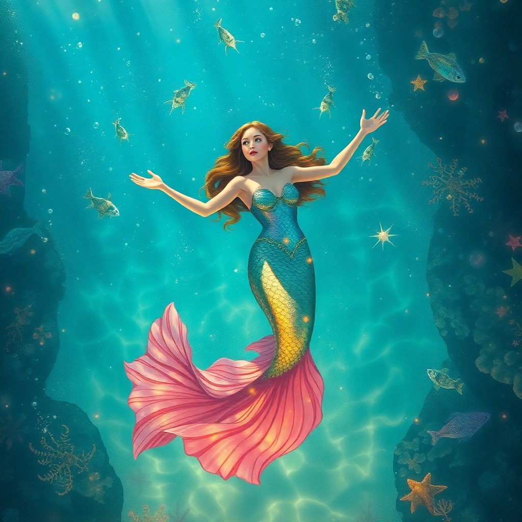 AI generated art for prompt: Visualize an enchanting mermaid princess gracefully floating on a radiant crystal ocean, her iridesc