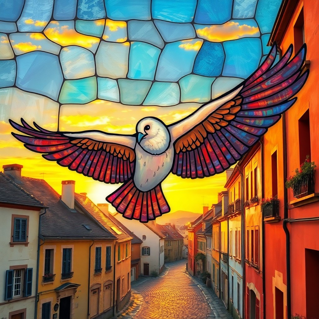 AI generated art for prompt: Craft an image in a whimsical stained glass style reminiscent of Marc Chagall's distinctive works, p