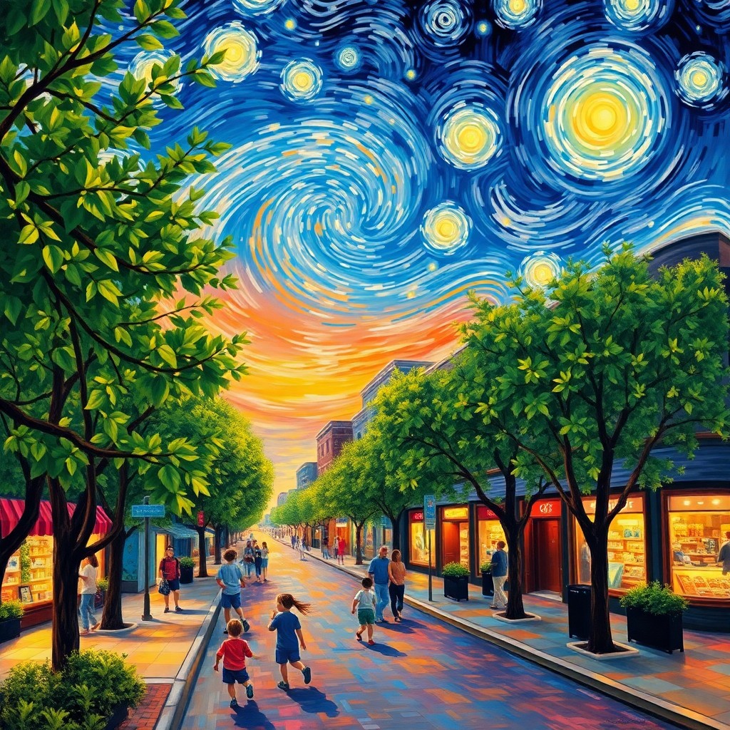 AI generated art for prompt: Imagine an energetic city street corner at twilight, painted in the expressive style reminiscent of 