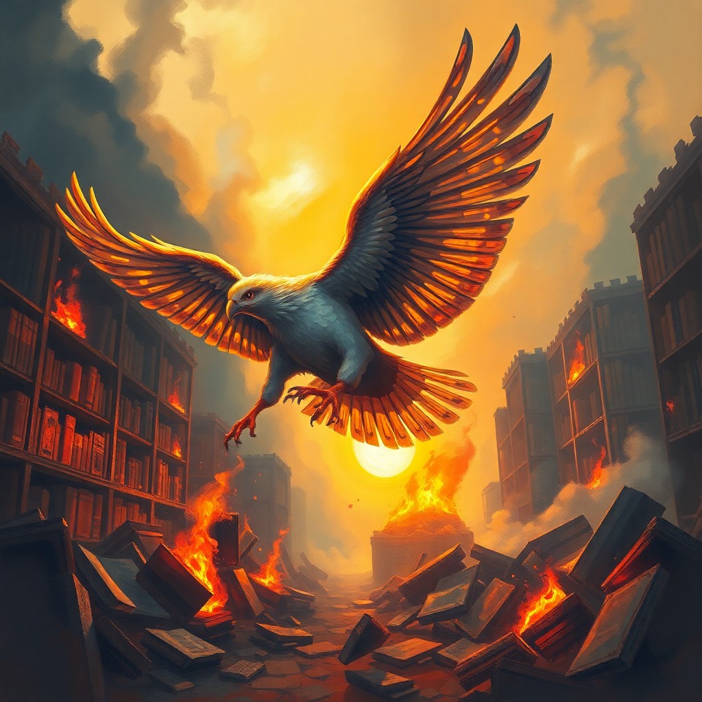 AI generated art for prompt: A majestic avian creature takes flight from the remains of a library engulfed in flames, its radiant