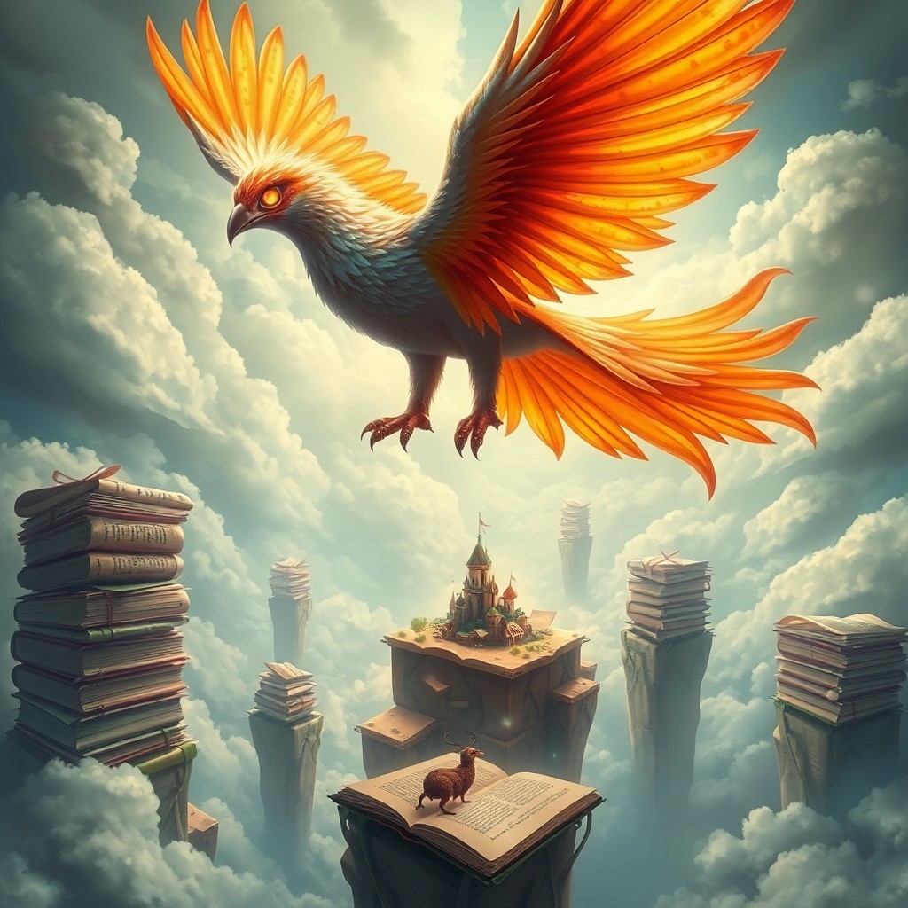 AI generated art for prompt: A whimsical digital artwork depicts a majestic phoenix with iridescent plumage in full flight over a