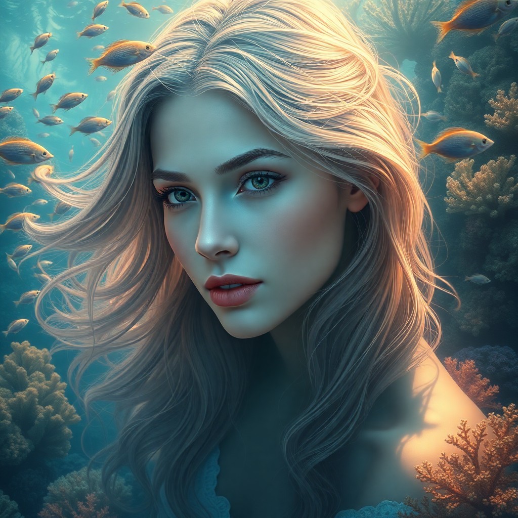 AI generated art for prompt: Craft an enchanting digital artwork depicting a tranquil young woman with cascading, luminescent tre