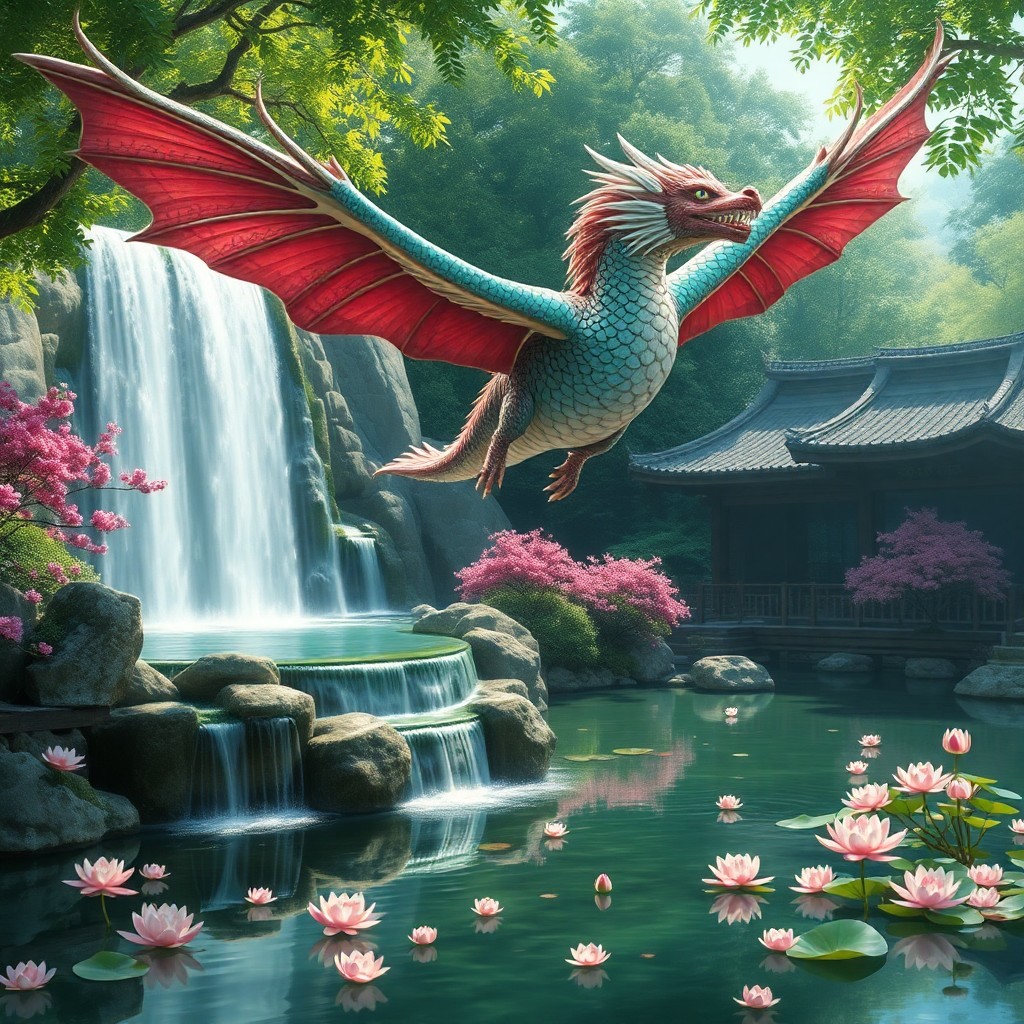 AI generated art for prompt: Imagine a hyper-realistic digital painting depicting a mythical creature soaring above a tranquil Ja