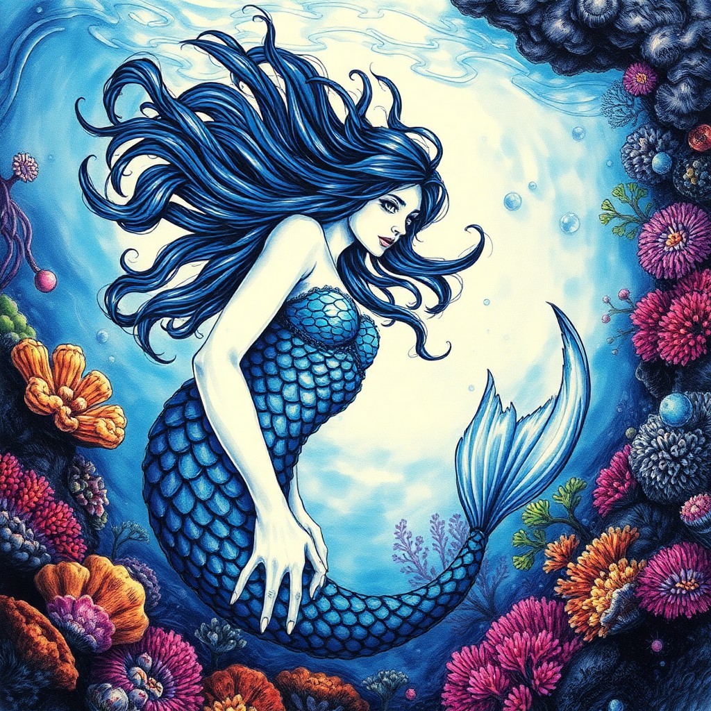 AI generated art for prompt: Imagine an enchanting underwater portrait with intricate ink drawing techniques, depicting a mesmeri