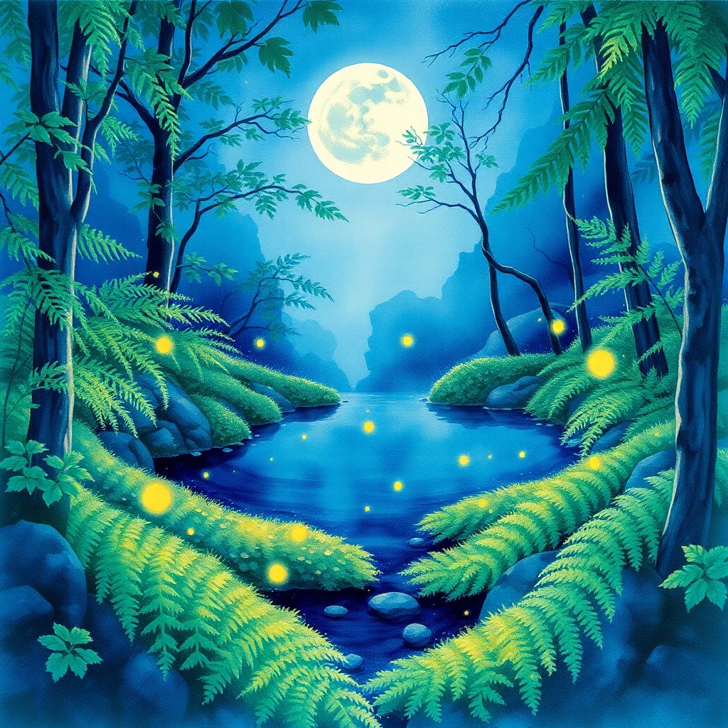 AI generated art for prompt: Visualize an enchanting watercolor scene depicting a tranquil moonlit forest from a diminutive persp