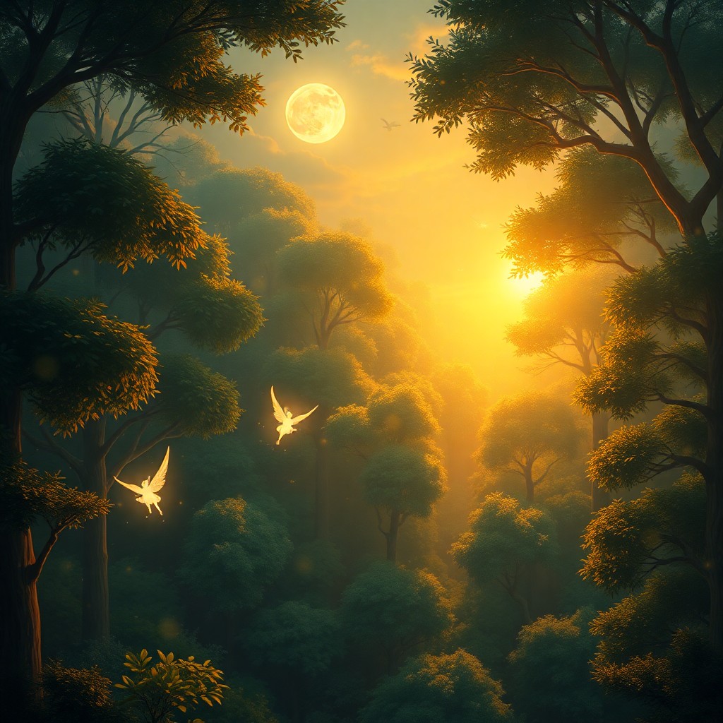 AI generated art for prompt: An alluring digital artwork captures a magical forest at dusk, evoking the whimsical essence of a re