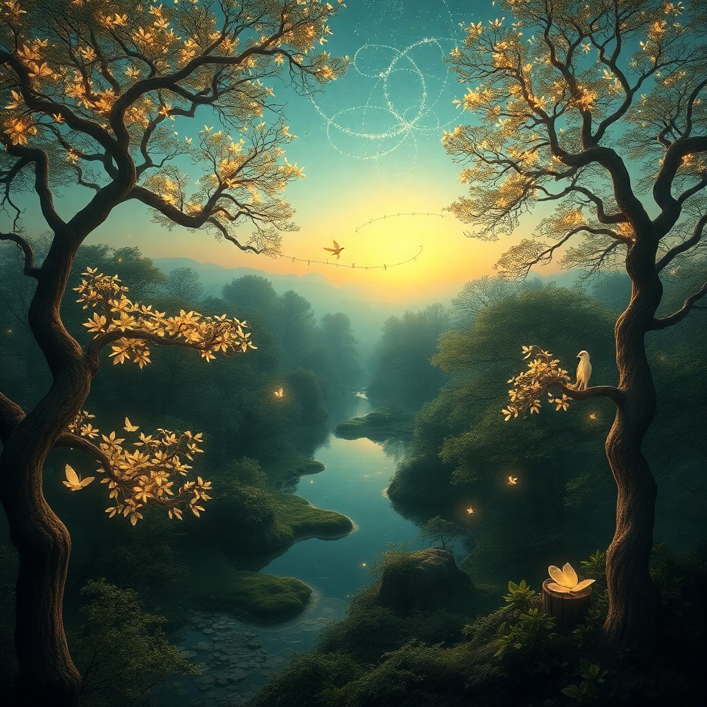 AI generated art for prompt: A mesmerizing digital artwork evokes the surreal beauty of an ethereal forest at dusk, reminiscent o