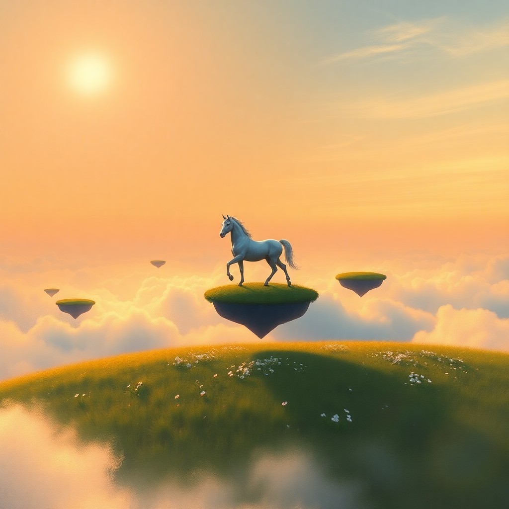 AI generated art for prompt: Envision an enchanting dreamscape where a stately unicorn elegantly traverses a meadow of levitating