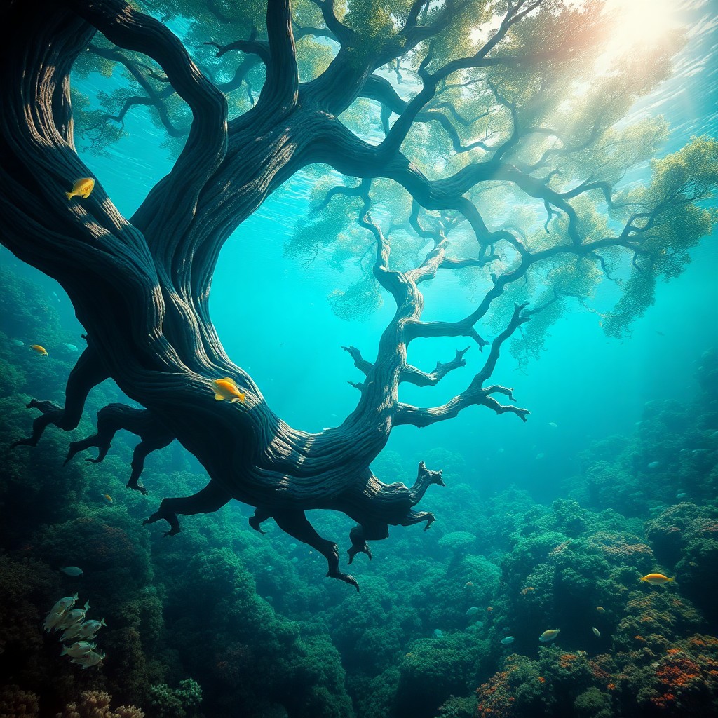 AI generated art for prompt: Envision an immersive photorealistic digital painting portraying a surreal underwater realm where a 