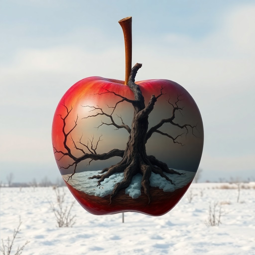 AI generated art for prompt: In a surreal landscape reminiscent of Magritte's unique approach to reality, an apple suspended in m