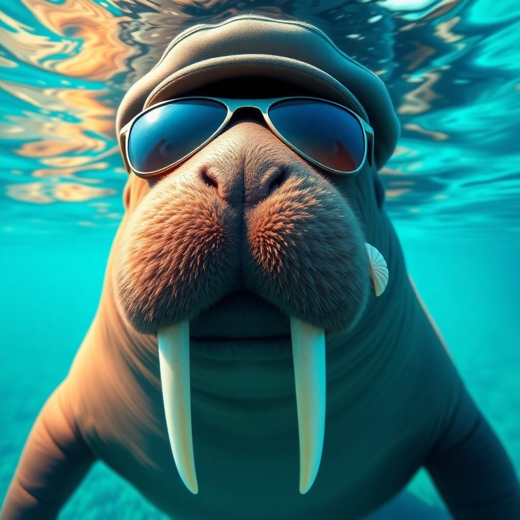 AI generated art for prompt: A whimsical digital art portrait depicts a charmingly grumpy-looking walrus wearing vintage aviator 