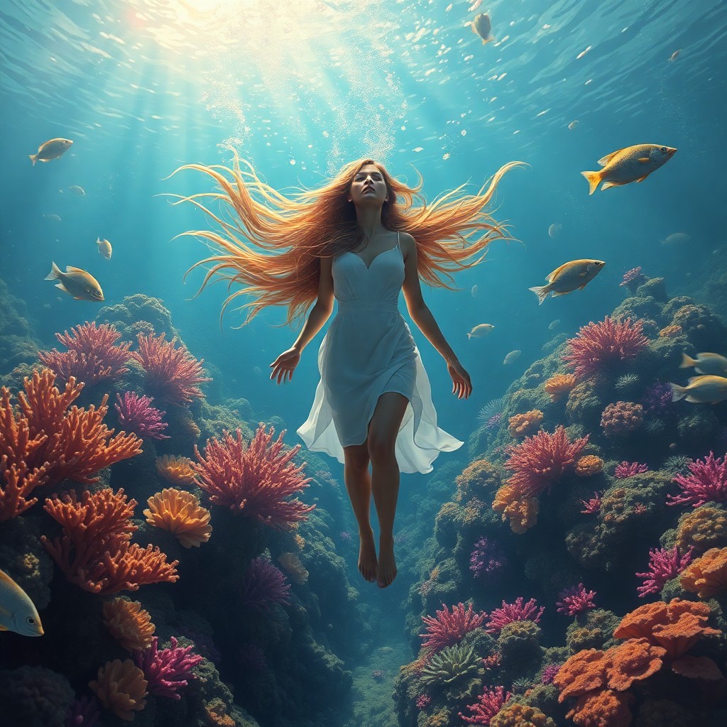 AI generated art for prompt: A surreal digital painting depicting an underwater dreamscape with ethereal elements, showcasing a w