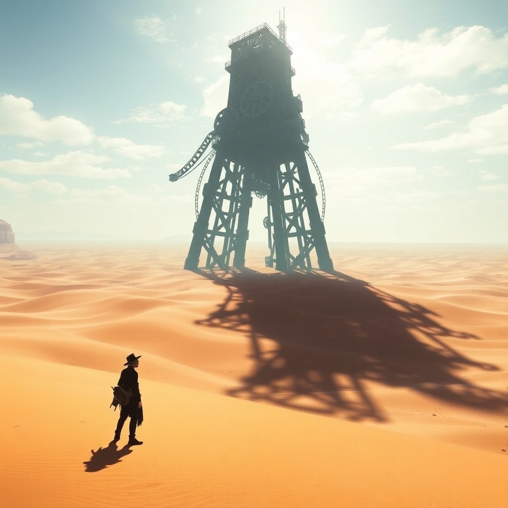 AI generated art for prompt: In the realm of surreal digital art, envision a vast desert landscape where a colossal tower stands 