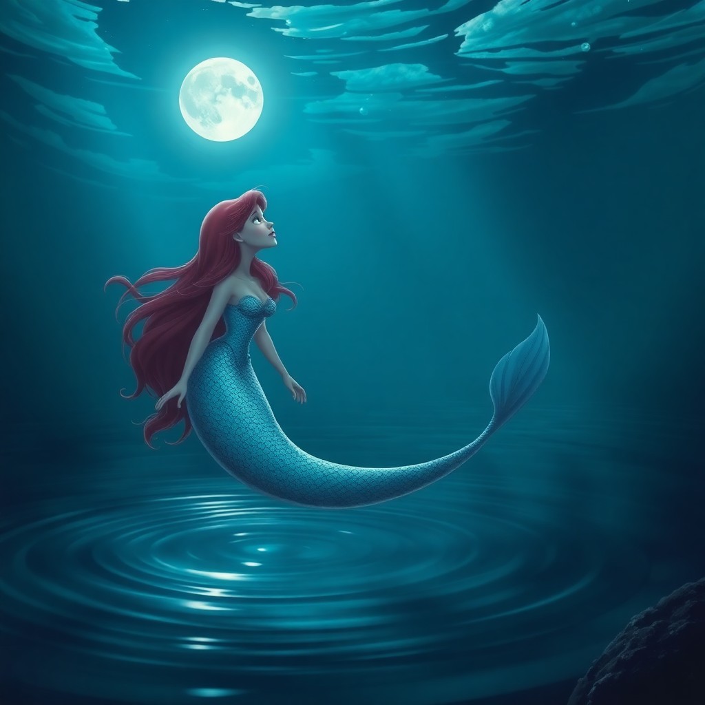 AI generated art for prompt: An enchanting underwater scene is illuminated by a luminous moon, showcasing a majestic mermaid grac