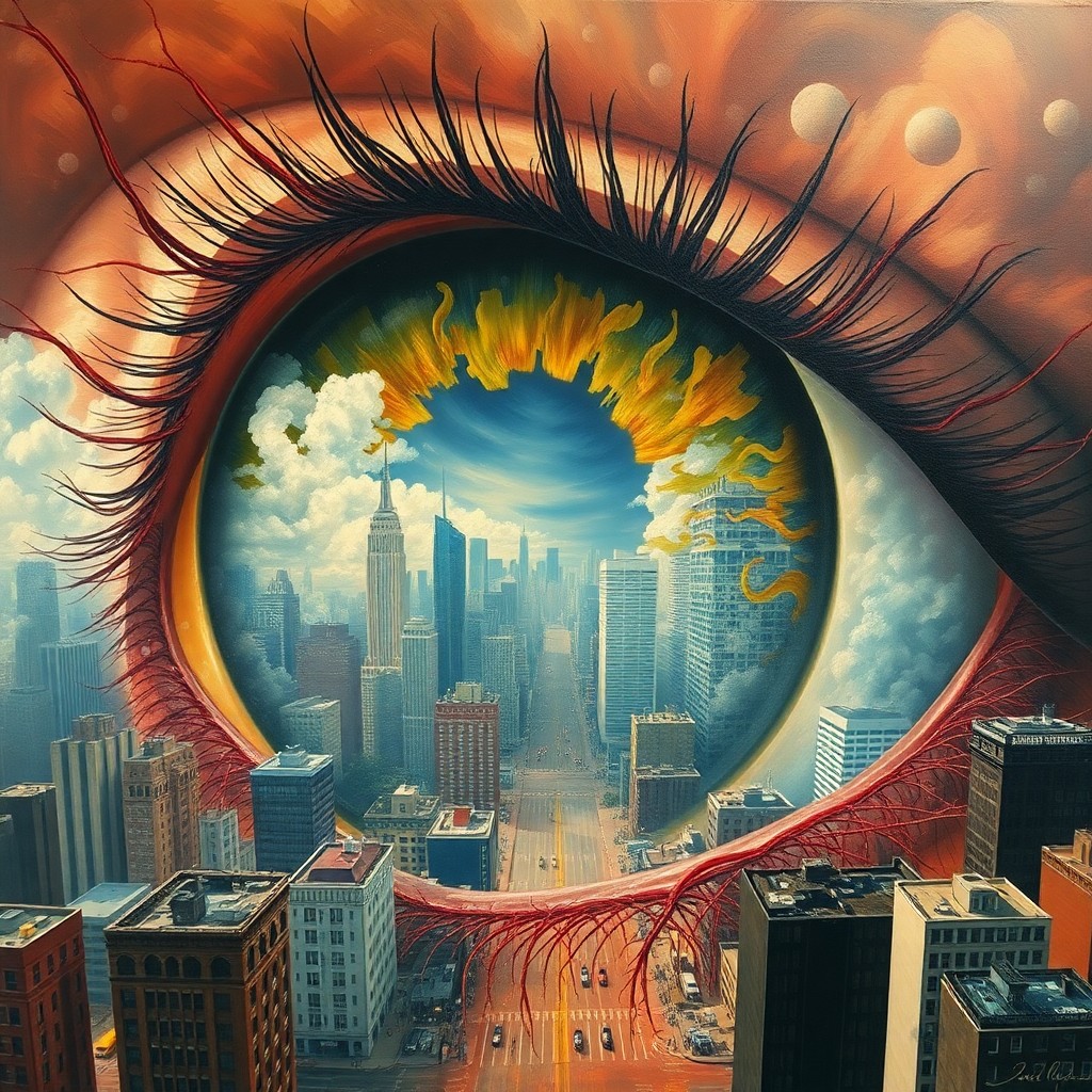 AI generated art for prompt: Craft an image depicting a cityscape viewed from the vantage point of a colossal human eye, rendered