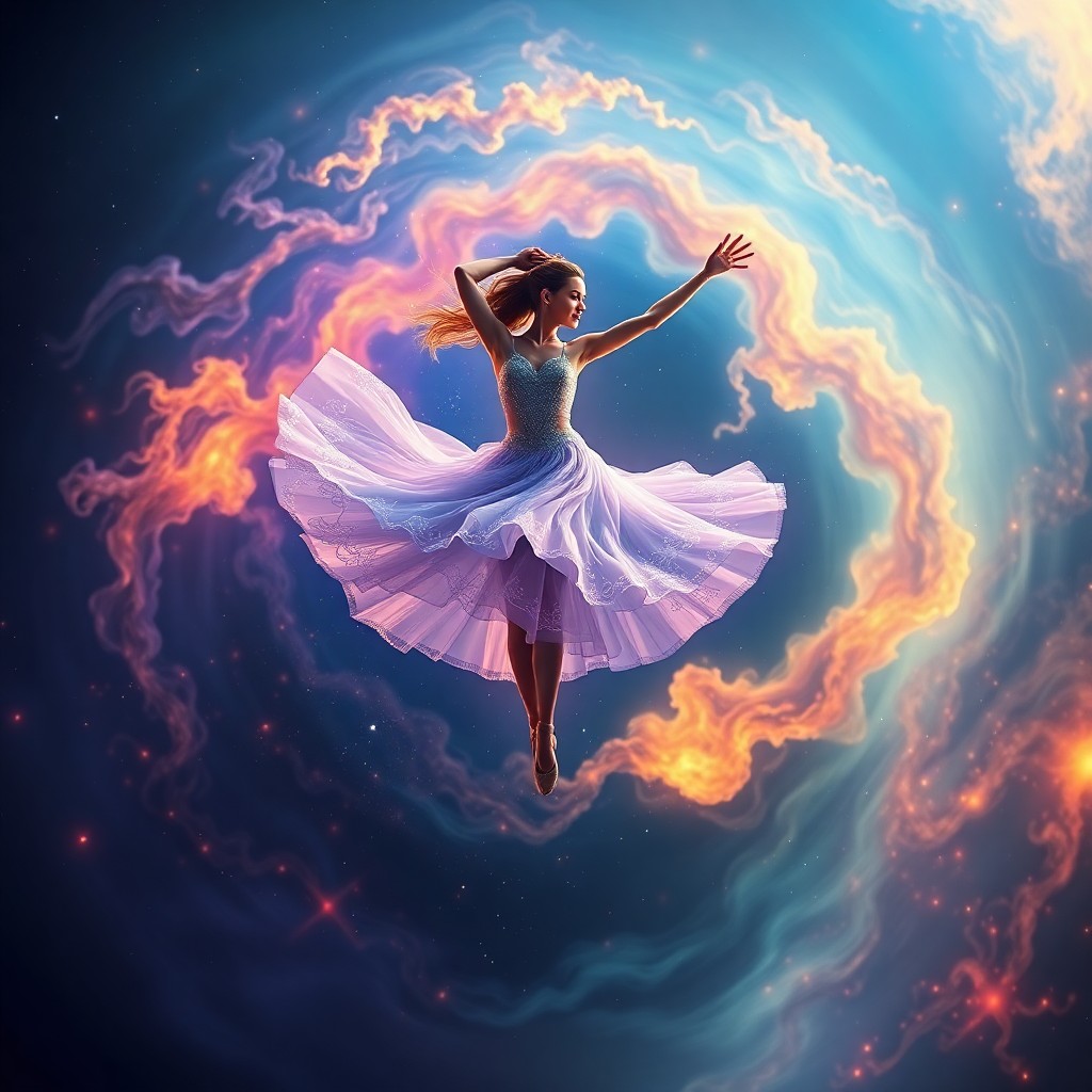 AI generated art for prompt: A mesmerizing digital artwork depicting an enigmatic celestial dancer gracefully suspended in mid-ai