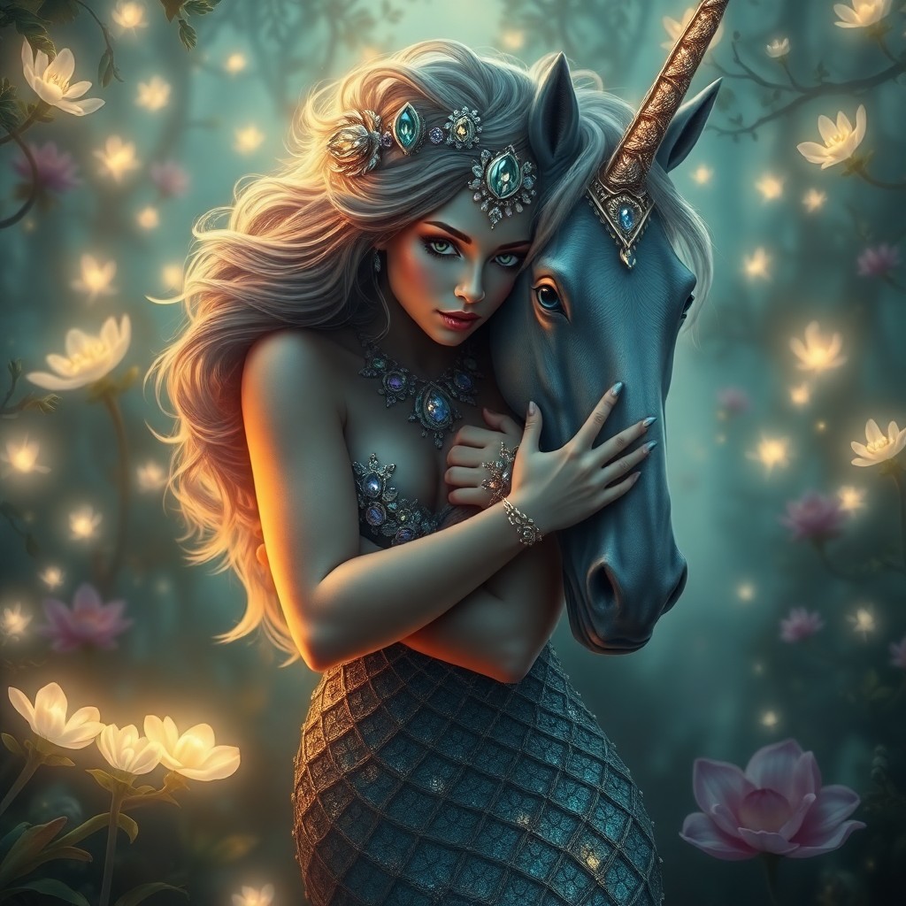 AI generated art for prompt: A surreal digital painting captures a mysterious mermaid adorned with gleaming scales and extravagan